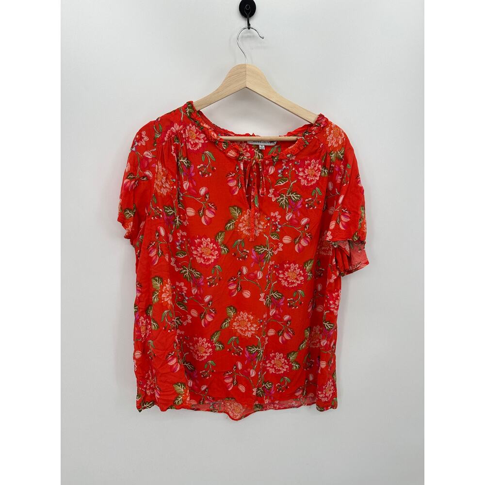 Rose + Olive Blouse Women 1X Red Floral Rayon Short Sleeve Ruffle‎ Top X21